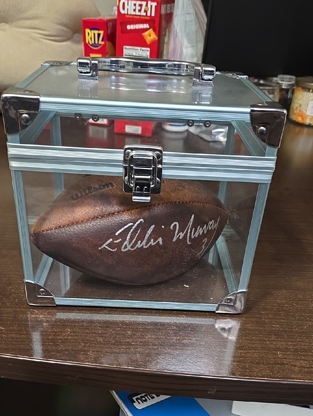 Autographed Football Display Case with Signed Football By Eddie Murray Lions (K)